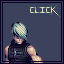 Pixel art of a character with light blue hair and dark clothing against a dark gray background, with the word 'CLICK' in pixelated text above.