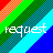 Pixelated icon with diagonal rainbow stripes and white text reading 'request' over a blue background.