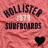 A static image of a pink fabric surface with dark text reading 'HOLLISTER' and 'SURFBOARDS', two light rectangular patches, and a black heart shape at the bottom center.