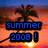 Pixelated image of a sunset with palm tree silhouette, blue text reading 'summer 2008!' on black bars.