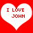 Two white heart shapes on a red background with "I LOVE JOHN" text in red pixelated font inside each heart.