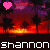 Pixelated sunset scene with palm trees, two heart icons above, and 'shannon shannon' text at bottom.