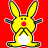 Pixelated yellow bunny mascot with black outlines and red nose on solid red background, static single-frame icon.