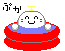 Pixelated character with white face, red cheeks, yellow antenna, and blue base inside red circular frame; four variations show text position changes.