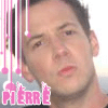 A person's face appears in a with pink dripping effects and the text "PIERRE" in pink letters, with a small black heart symbol replacing the 'E' in the second and fourth