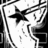 Black and white pixelated image featuring a large central star shape with smaller scattered elements against a light background.