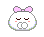 Six pixel-art character expressions with pink bow, closed eyes, blush marks, and varying mouth shapes on gray background.