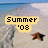 Pixelated beach scene with yellow text box reading 'Summer '08' and brown starfish on sand, blue water in background.