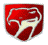 Red shield-shaped icon with white stylized design resembling a horse or mythical creature, bordered by light gray pixels.