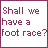 Animated pixel art sequence showing green robot characters with square heads and limbs, reacting to a foot race invitation.