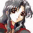 Pixelated static image of a character with long dark hair and red clothing against white background, likely from Excel Saga anime series.