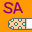 Pixelated orange background with purple text and repeating bandage-like icons