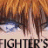 Anime character with brown hair and blue eyes, wearing a white and red outfit, with text reading 'FIGHTER'S INSTINCT' below.