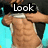 A shirtless muscular man with a black and white sleeveless top pulls his shirt up, revealing defined abs against a light blue background.