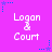 Pixelated text "Logan & Court" repeated across a bright purple background with scattered blue star and dot patterns.