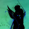 Silhouette of a winged figure with blue accents against a teal background, featuring wing details and scattered square patterns.