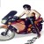 Pixelated image of a person riding a motorcycle with visible handlebars, seat, and wheels against a white background.
