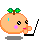 Pixelated orange fruit character with green leafy top, black eyes, pink blush, and blue cheek marks; left side shows open mouth while right side shows closed mouth.