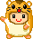 Pixel art of a character in a hamster costume with orange fur, black eyes, and red mouth, standing against gray background.