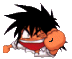Pixelated cartoon character with spiky black hair, orange skin, red mouth covering, white shirt, and boxing gloves showing sequential hand gestures.