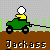 Animated sequence showing a character on a green vehicle pulling a rope through grassy terrain, transitioning to the character falling and lying in the grass.