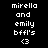 Four pixelated text display 'mirella and emily bffl's <3' in white on black, magenta, pink, and dark purple backgrounds