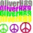 Animated sequence of rainbow-colored horizontal stripes transitioning between peace symbol icons in various colors and text overlays.