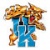 Pixelated avatar with blue body, brown and orange hair-like shapes, red mouth detail, holding a golden object.