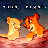 Two cartoon lion cubs sit on a reddish-brown surface with a gradient background, one cub smiling and the other speaking with text above.