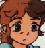 Pixelated anime-style character with brown hair, large dark eyes, and a neutral expression, wearing a blue and white outfit against a light background.
