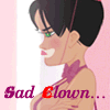 Animated cartoon of a woman with short black hair, green eyes, and pink cheeks wearing a purple halter top against a pink striped background.