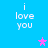 Blue background with white text "i love you" in four corners and two stars, one pink and one purple.