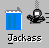 Static pixel art icon featuring a blue trash can and a black-and-white cartoon character with a checkered antenna, below which is pixelated text reading 'Jackass' on a gray background.
