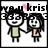 Pixelated cartoon of two characters holding hands, one with spiky hair and green shirt, the other with long hair and brown outfit, above text 'kris' with pink heart.