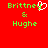 Red background with green pixelated text 'Brittney & Hugh' on left and right, white heart symbol replacing 'y' in Brittney on left.