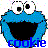 Pixelated blue cookie character with large black mouth, white eyes with black pupils, and 'cookie' text below in blue block letters.