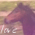 A pixelated horse head in profile with a pinkish-purple hue, set against a blurred green and beige background, featuring the word 'love' in white lowercase letters at the bottom left.