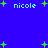 Blue background with multiple instances of the name 'nicole' in light blue text and green plus signs scattered throughout.
