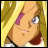 Pixelated anime-style character face with blonde hair and purple eye patch on left side, next to stylized text "Anime IM" and signature on black background.