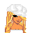 Pixel art contact sheet showing a female character with blonde hair, chef hat, white tube top, blue jeans, and sunglasses across multiple frames with pink text overlays.