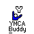 Four pixelated YMCA Buddy icons arranged in a , each with a blue hand holding a white ball and a single white letter above the hand