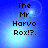 Blue background with pixelated text reading 'The Mr Harvo Rox!?.', two instances of the same image displayed side-by-side.