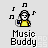 Pixel art icon of a character with headphones holding a device, surrounded by musical notes, with 'Music Buddy' text below.