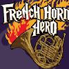 Pixelated graphic featuring bold white text 'FRENCH HORROR HERO' over a golden French horn with red and orange flame effects on a dark purple background.
