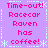 Pixelated text on a purple background with white decorative borders, repeating 'Time-out! Racecar Raven has coffee!' in pink letters.