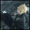 Animated sequence of a spiky blonde character in black coat with silver emblem, holding large sword against metallic structure background.