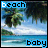 Pixelated beach scene with palm trees, ocean waves, and text 'beach' and 'baby' in blue block letters.