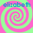 Four identical spiral patterns in pink and green with the text 'elizabeth' in blue above each spiral on a pink background.
