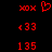 Red pixel art displays four of symbols on black background: XOX, heart, XOX; 33, 33; 135, 135. Animated version shows heart pulsing with red glow