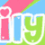 Pixelated icon with four quadrants: top-left shows 'i' in pink, 'l' in blue, and 'y' in green; top-right displays 'LOVE' letters in yellow, cyan, magenta, and lime; bottom-left has white text on black background; bottom-right is solid gray.